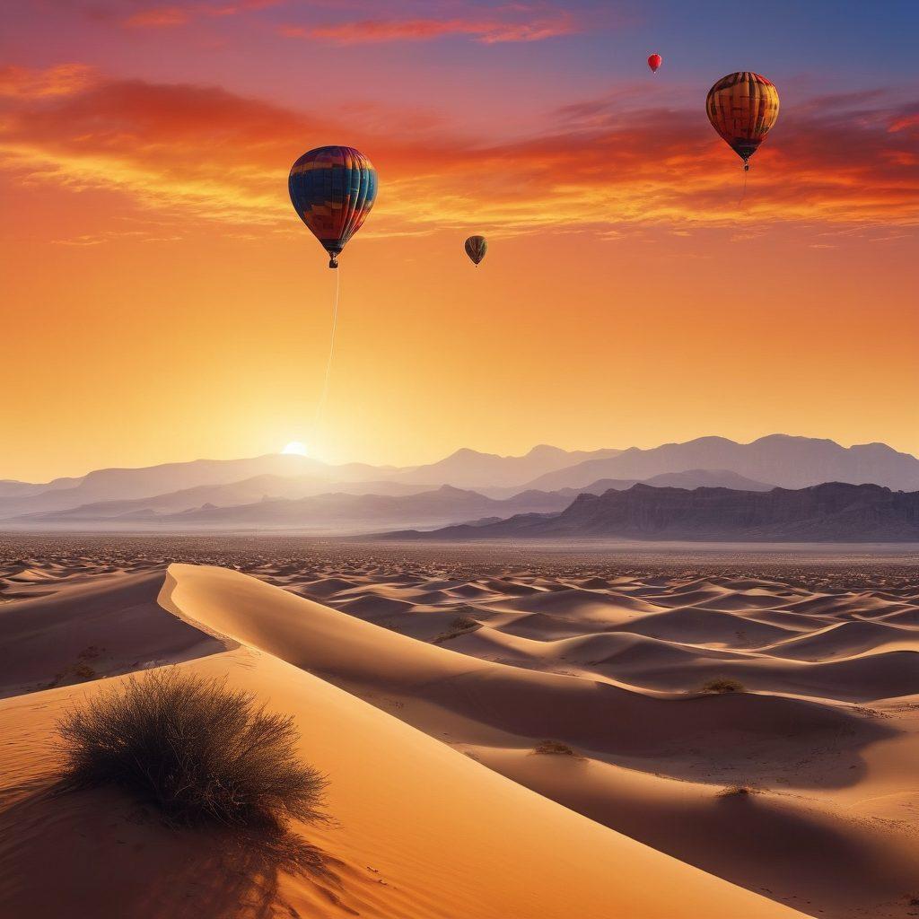 A breathtaking desert landscape transitioning into a vibrant blue sky, featuring adventurous elements like a group of explorers climbing dunes, a hot air balloon soaring above, and kites flying in the distance. The scene captures both the thrill of outdoor adventure and the beauty of nature's extremes, emphasizing a sense of bravery and exploration. The colors are rich and dynamic, with warm desert tones blending into the coolness of the sky. super-realistic. vibrant colors. panoramic view.