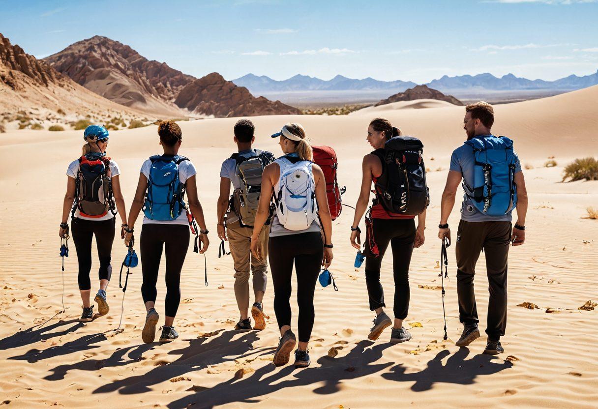 A dynamic scene featuring a diverse group of adventurous individuals gearing up in a sun-soaked desert landscape, surrounded by essential fitness equipment like water bottles, backpacks, and climbing gear. Include vibrant sand dunes in the background and an enthusiastic atmosphere of excitement and preparation for thrilling desert activities. Highlight the textures of the gear and the warm colors of the desert environment. super-realistic. vibrant colors. white background.