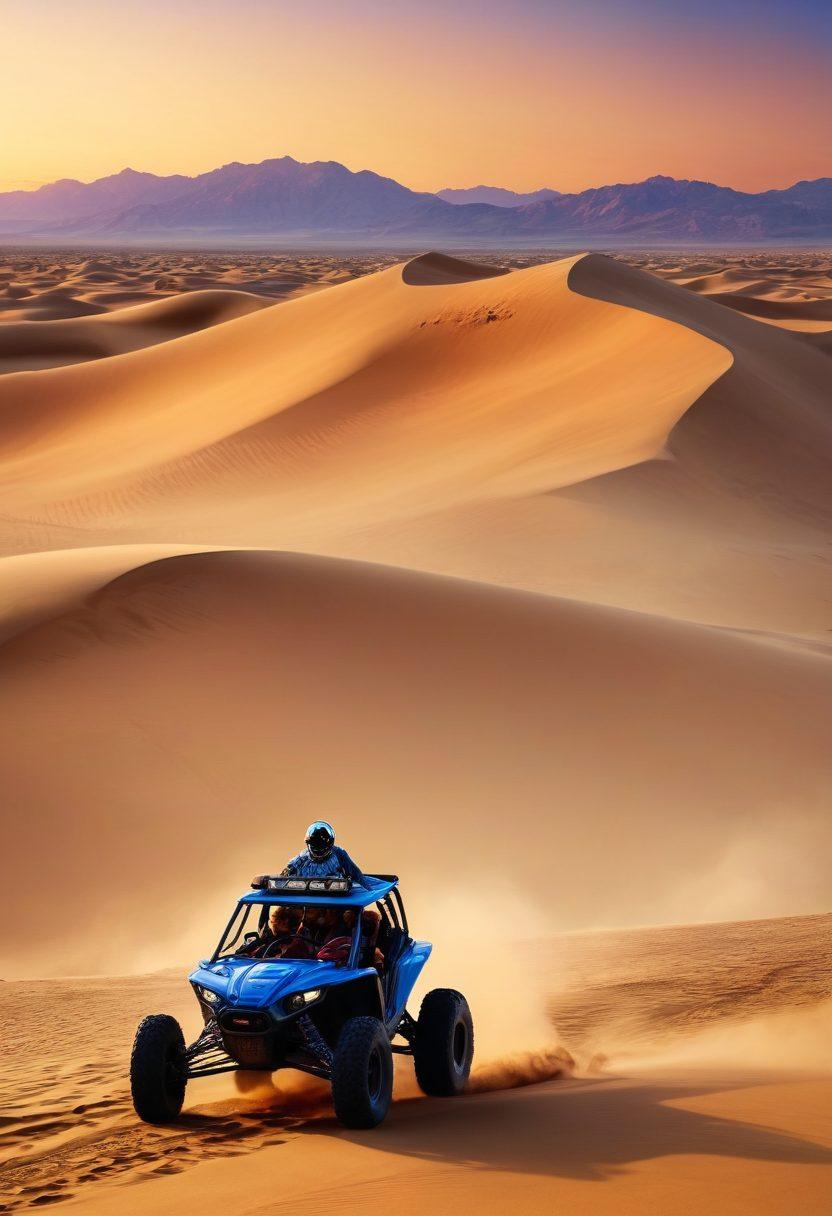 A breathtaking desert landscape featuring a group of thrill seekers engaging in various exciting activities like sandboarding, dune buggy racing, and rock climbing against stunning sunset hues. Emphasize the vastness of dunes and an adventurous vibe, with characters showcasing joy and exhilaration. Include clear blue skies and distant mountains to enhance the atmosphere. vibrant colors. super-realistic.
